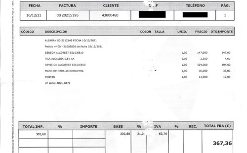 factura calibracion alcoholimetro